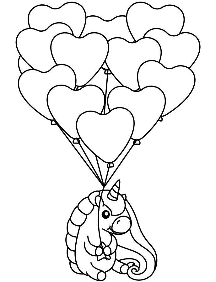 Online coloring book: Unicorn with heart balloons coloring page